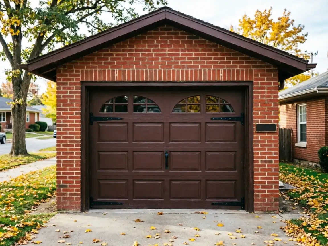 A brown garage door with decorative windows is set in a brick garage.