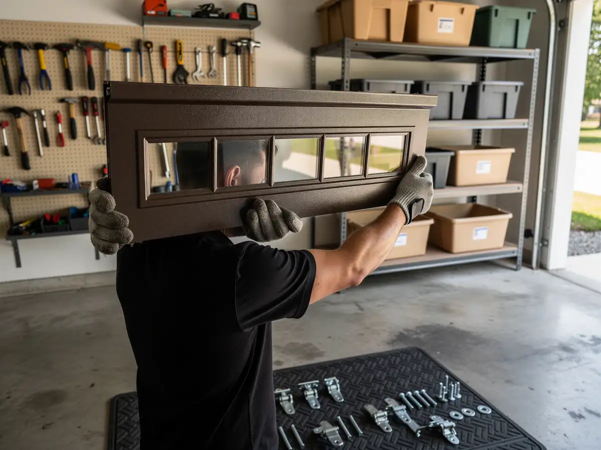 A technician holds a brown garage door panel with windows in a garage.